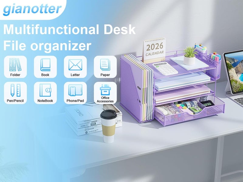 gianotter Desk Organizers and Accessories with File Holder, 4-Tier Desk Accessories & Workspace Organizers with Drawer and 2 Pen Holder, Paper Organizer for Office Supplies (Purple) - Image 4